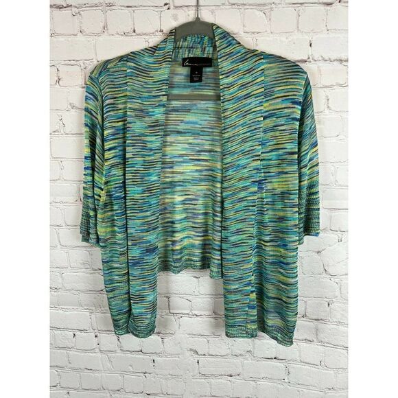 LANE BRYANT blue green black yellow striped knit open front cardigan sweater 16 - Picture 1 of 6